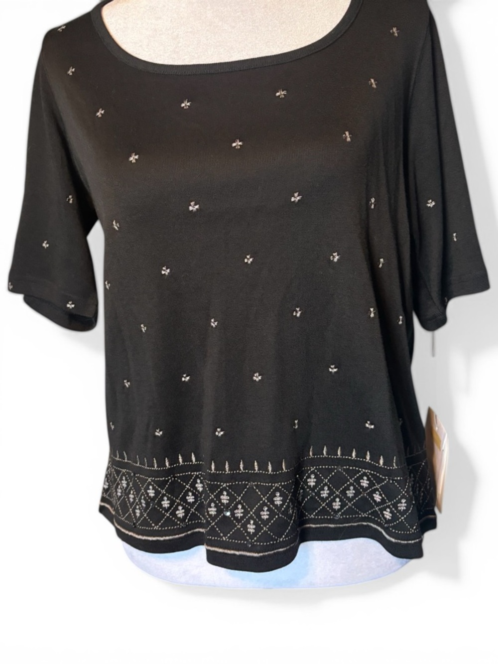 Liz Claiborne Black Short Sleeve Top with Silver Embellishment